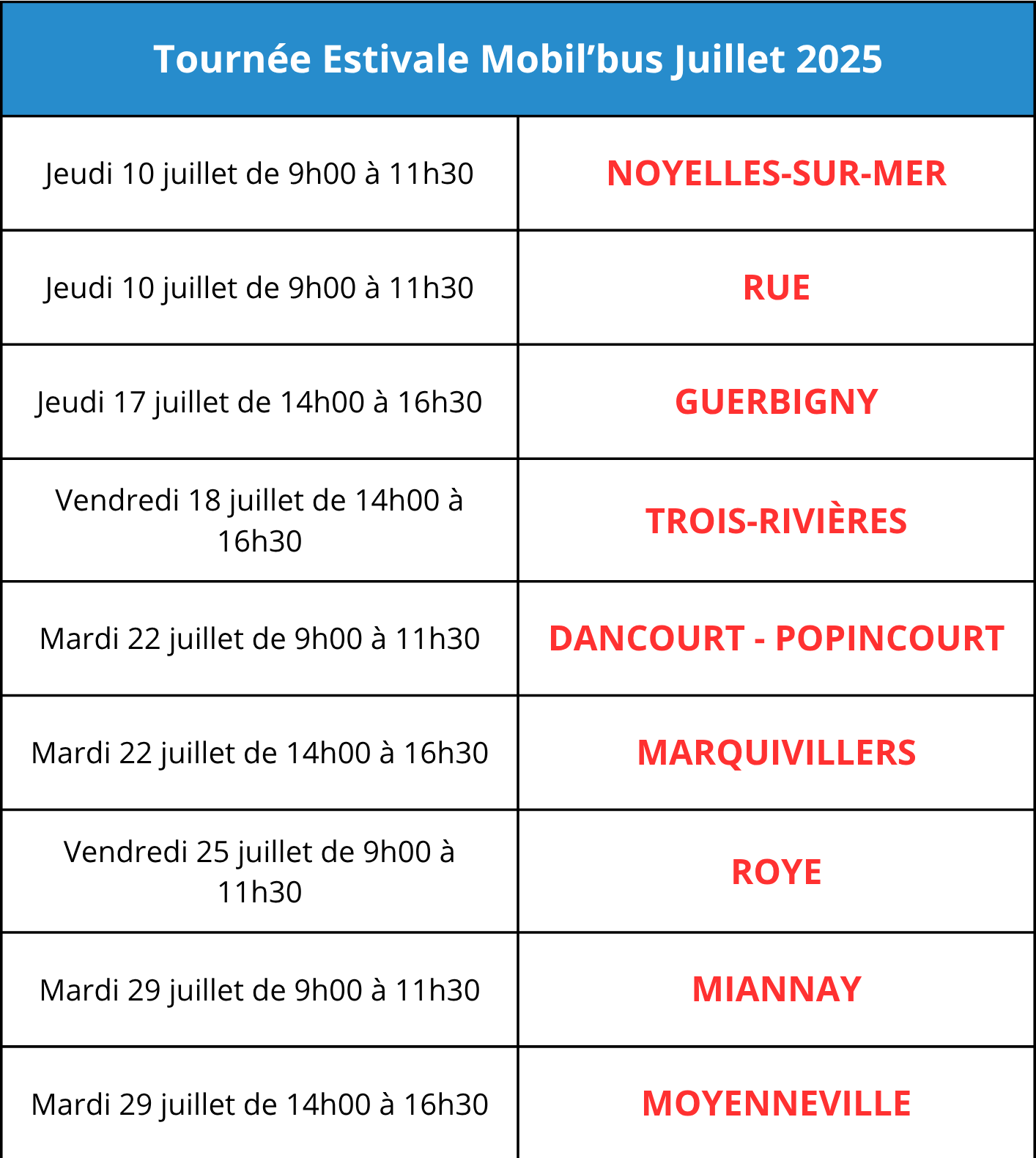 Tableau des dates tournee estivale 1